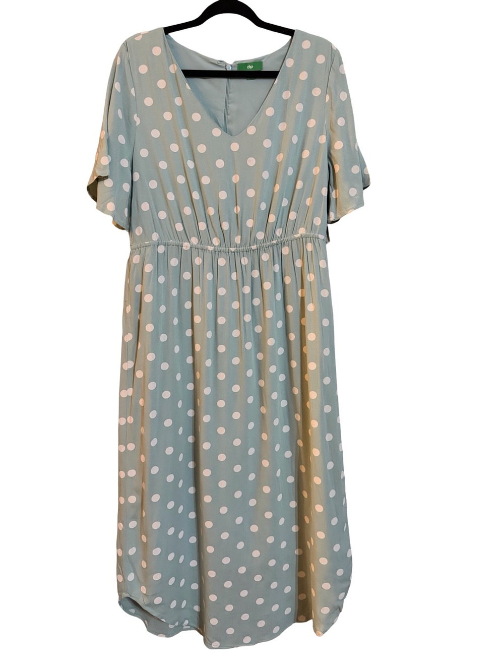 dip Light Sage and White Polka Dot V-Neck Midi Dress Sz Large